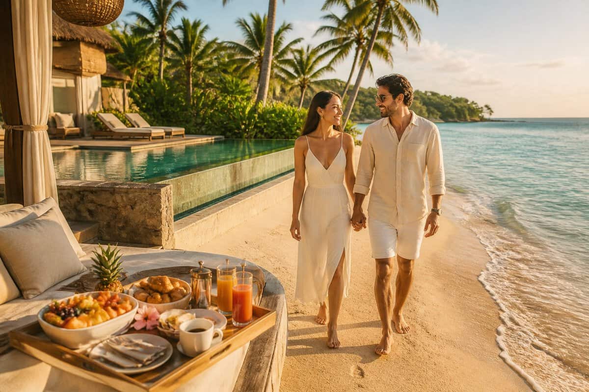 Newlywed couple walking hand in hand on a tropical resort beach beside turquoise water.