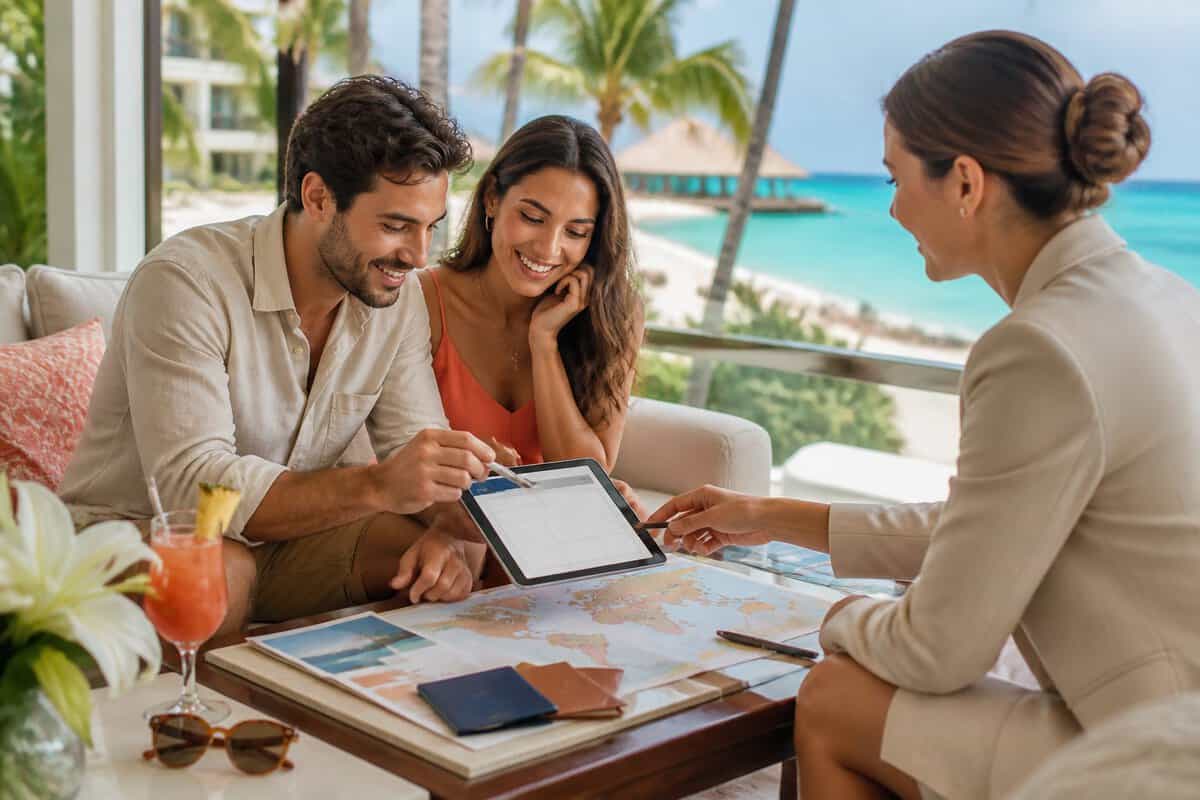 A couple completes a honeymoon planning questionnaire with a travel advisor in a tropical resort setting.