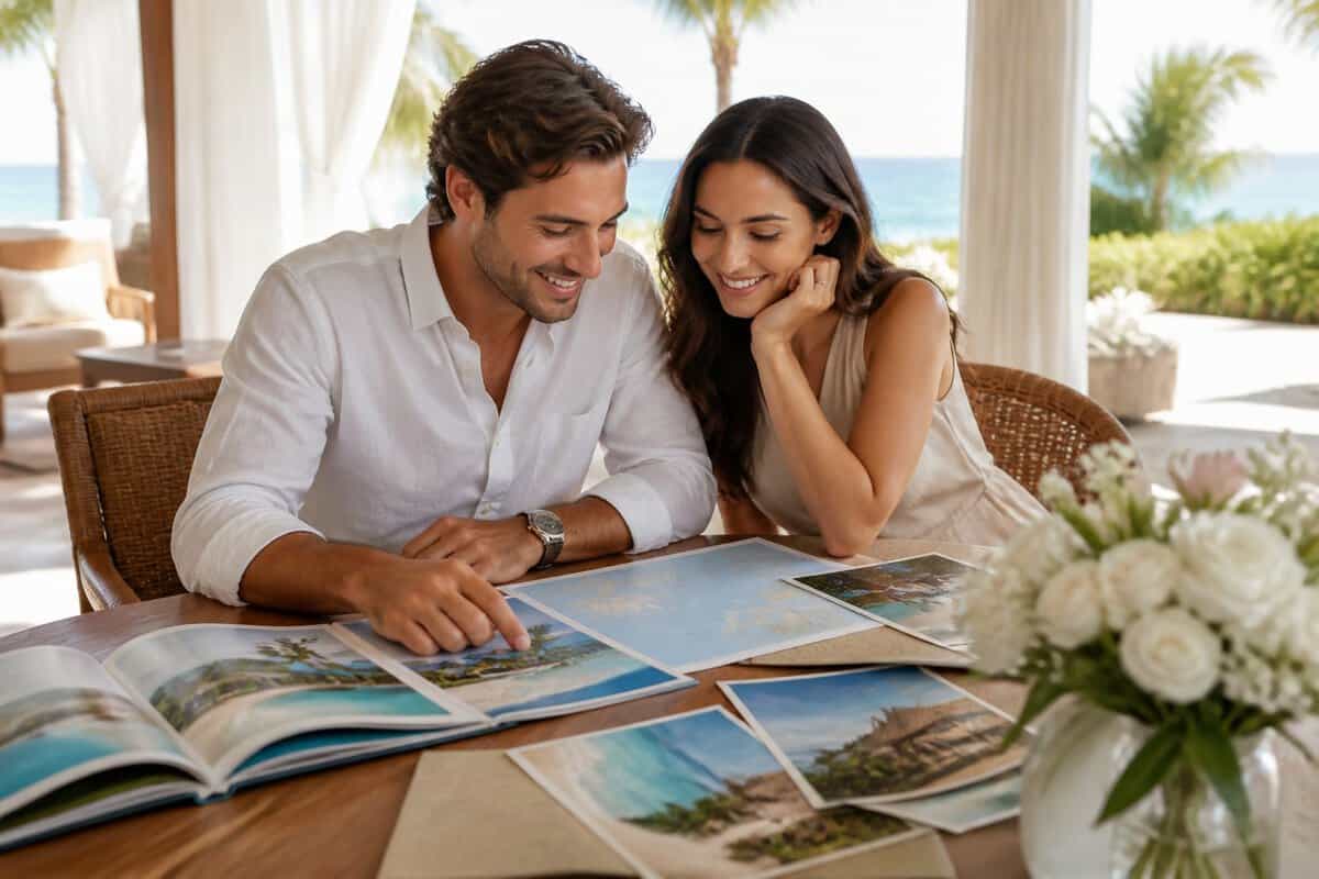 A newlywed couple compares tropical honeymoon destinations at a resort planning table.