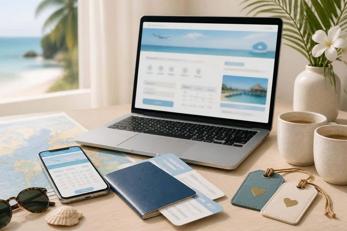 Travel planning items including a laptop, passport, boarding passes, smartphone, map, and honeymoon accessories arranged on a table.
