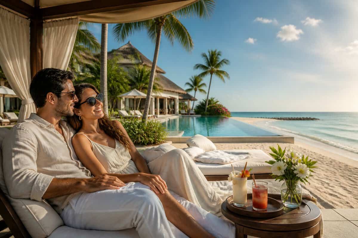 A newlywed couple relaxes together at a tropical beachfront resort.