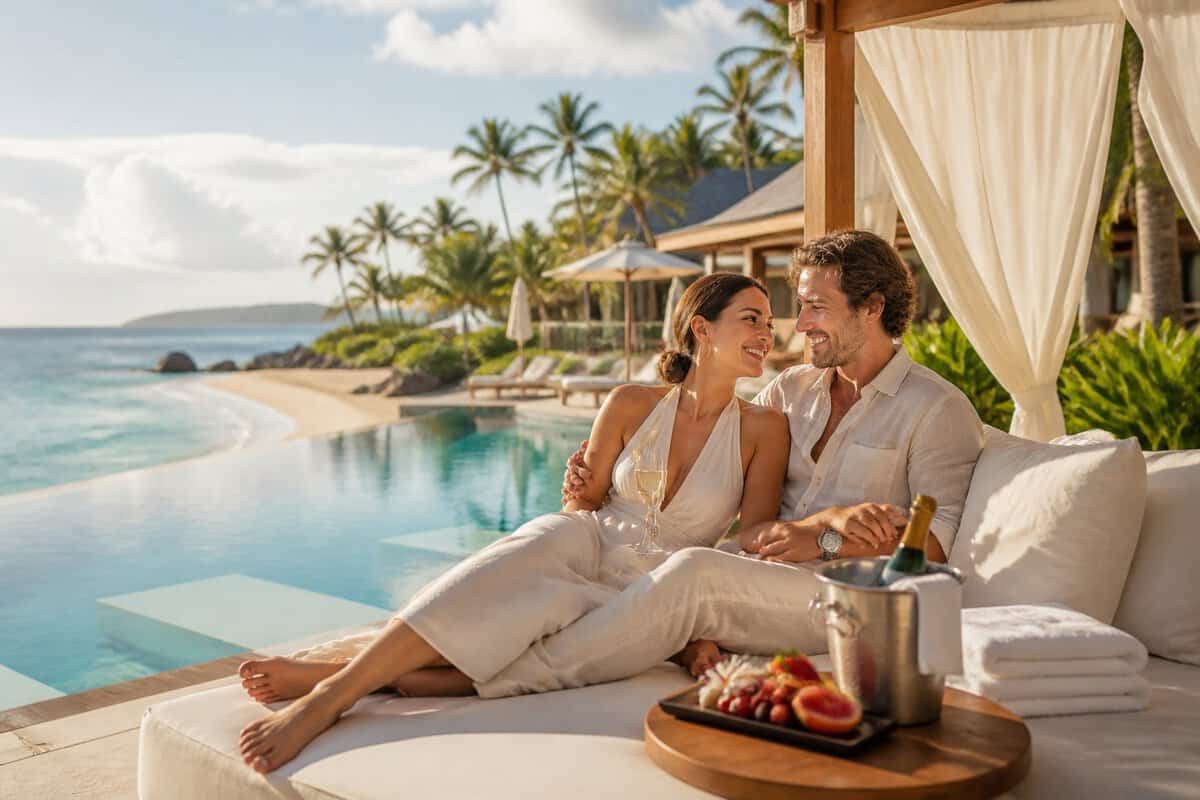 A newlywed couple relaxes together at a luxurious tropical beach resort.