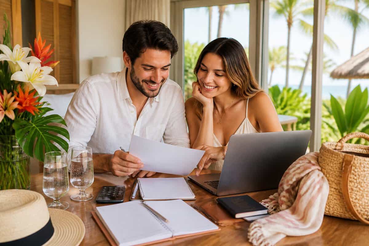 A newlywed couple reviews honeymoon planning materials and organizes their travel budget at a resort table.