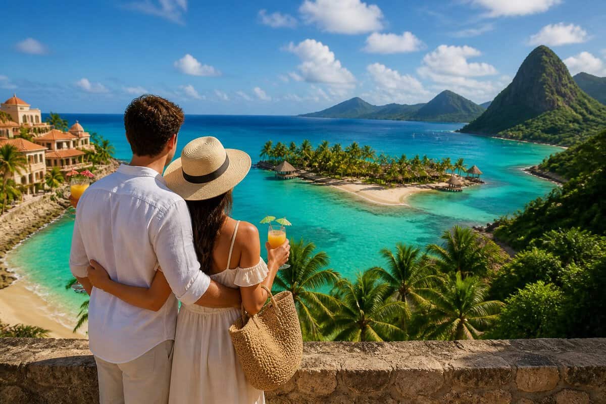 A newlywed couple overlooks a tropical coastline with beaches, palms, and distant islands.