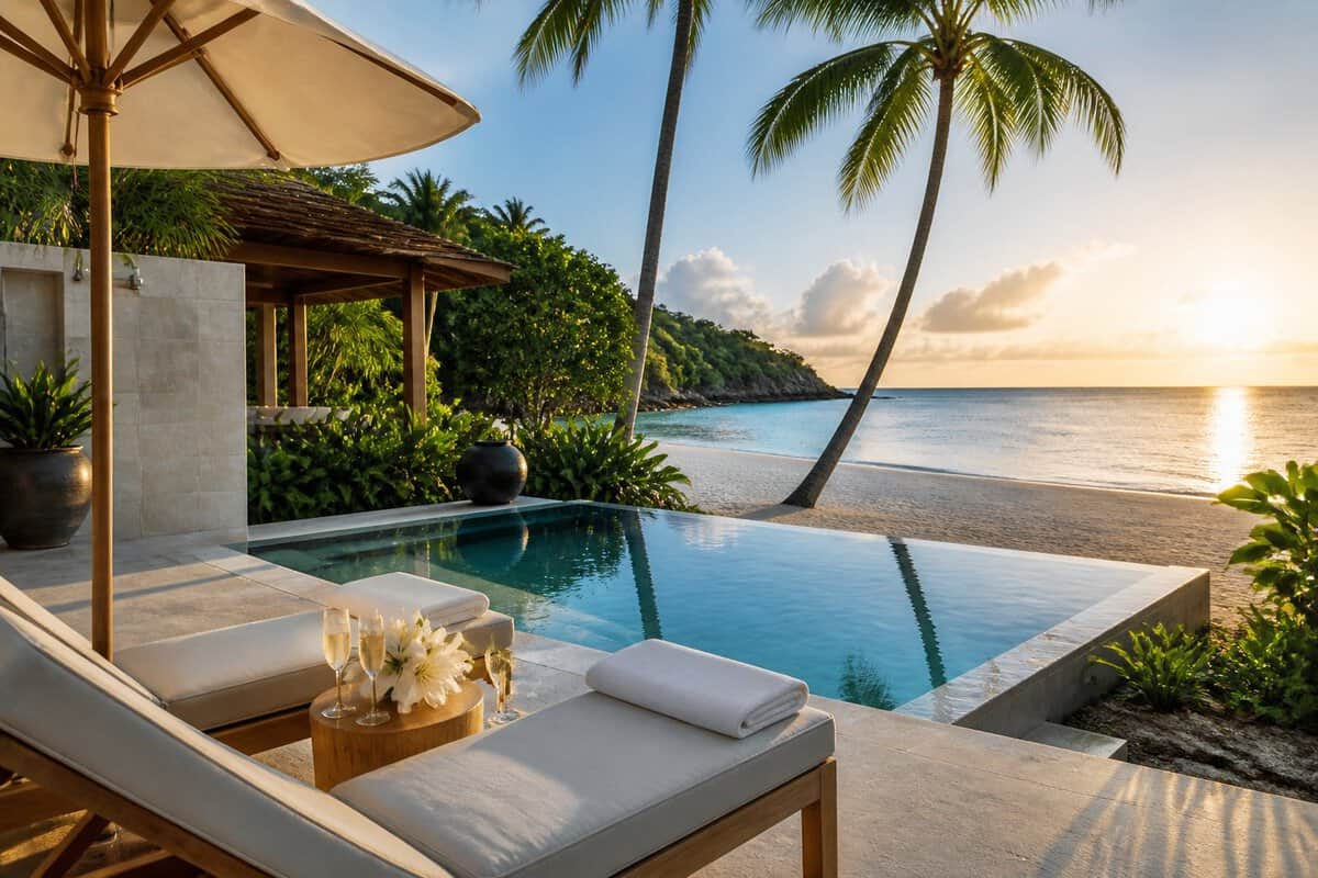 A luxurious tropical honeymoon resort with a private pool, white-sand beach, palm trees, and ocean views.