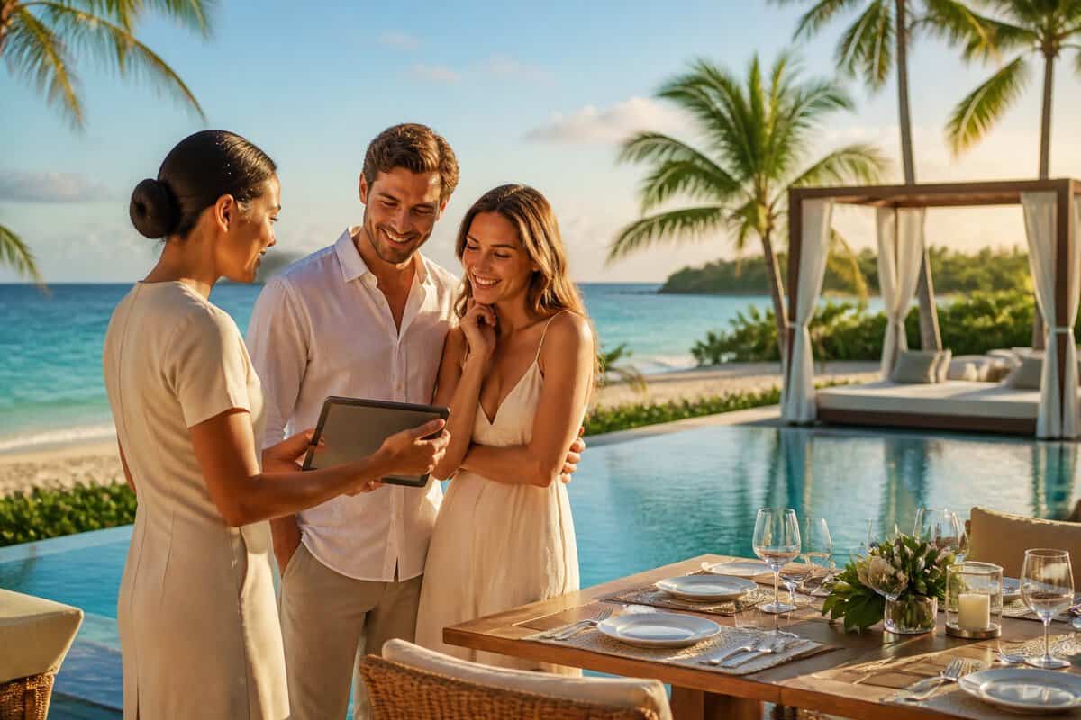 A newlywed couple discusses honeymoon options with a resort advisor on a tropical beachfront terrace.