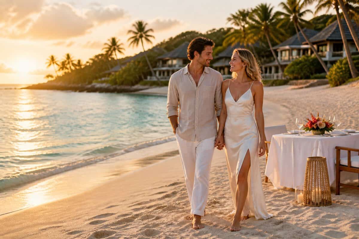 Newlywed couple walking hand in hand along a tropical Caribbean beach beside a romantic table for two.