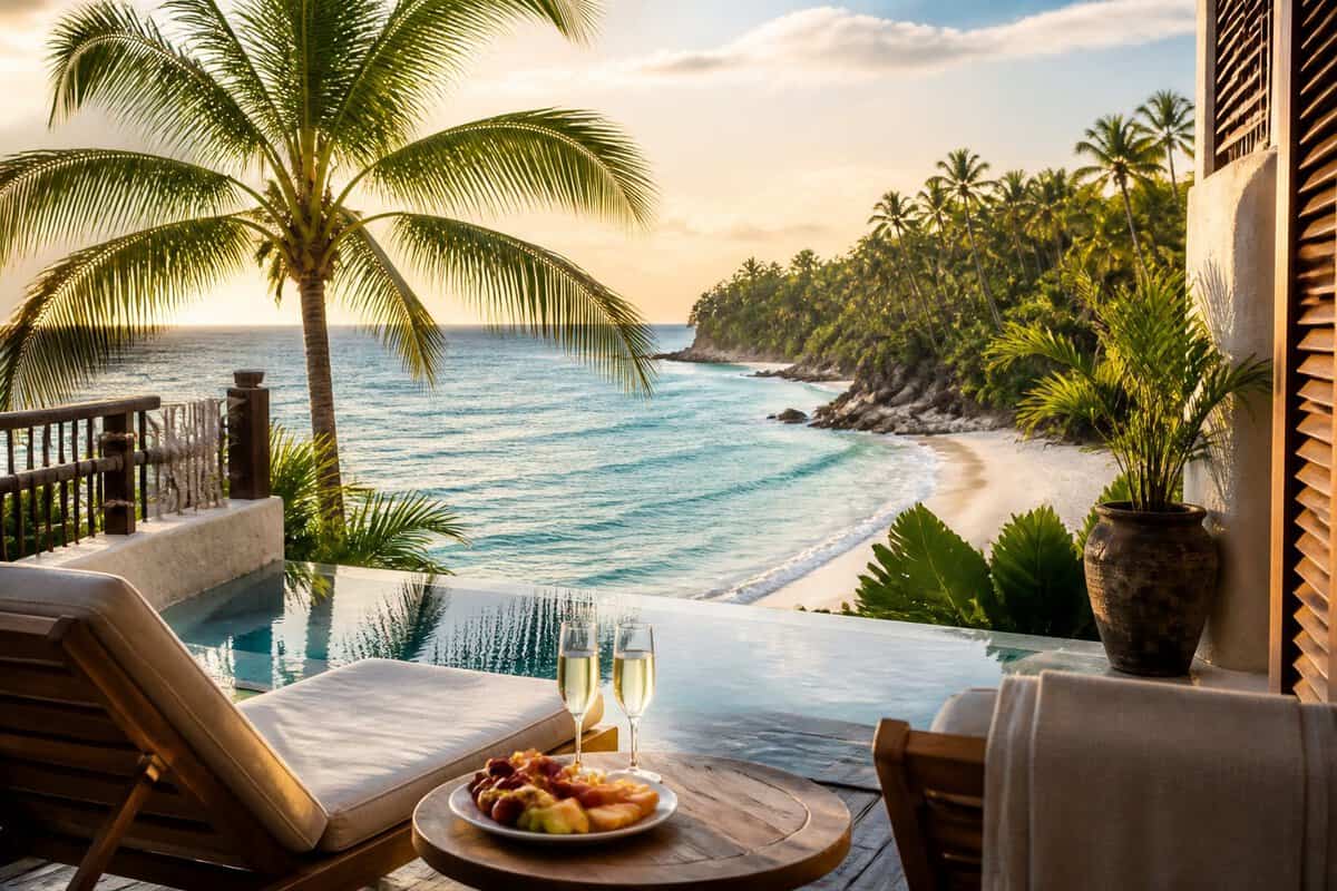 A luxurious tropical resort terrace overlooking a turquoise sea, with palm trees, lounge chairs, champagne flutes, and fresh fruit.
