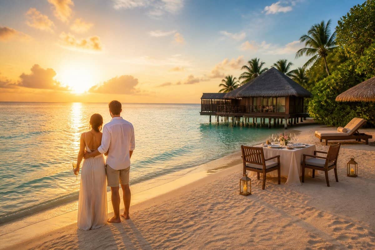 A newlywed couple stands beside the turquoise sea at a secluded tropical resort with an overwater bungalow and a private dinner setup.