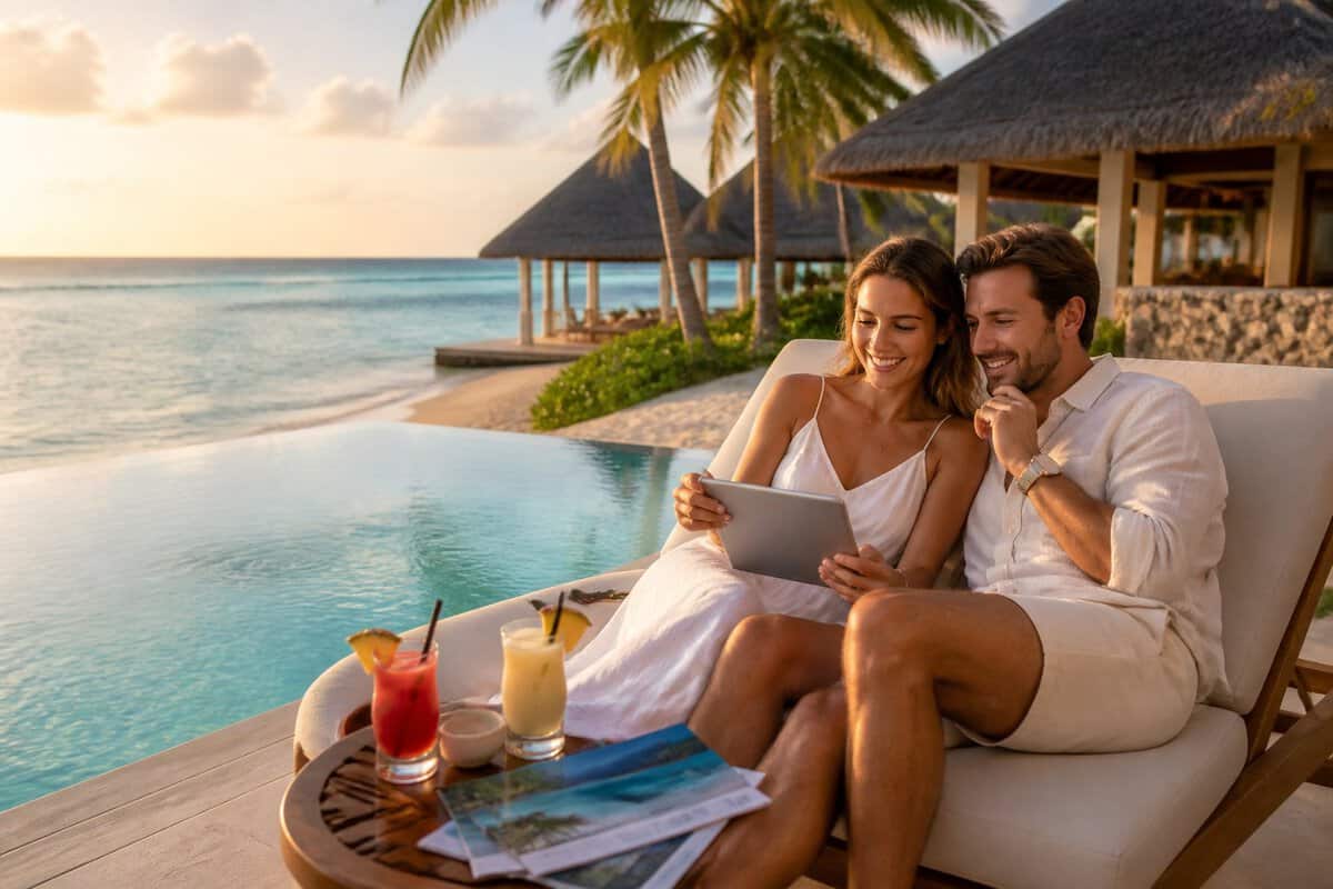 A newlywed couple compares vacation choices while relaxing beside a tropical resort pool overlooking the ocean.