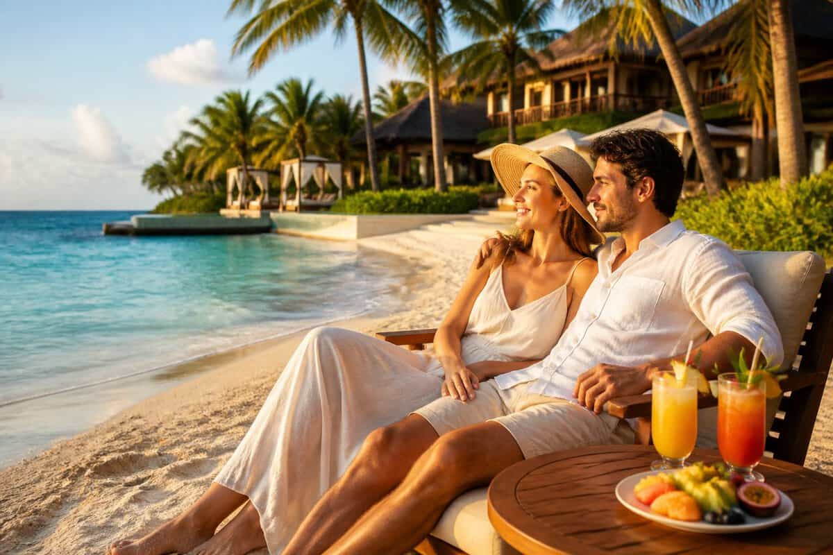 Newlywed couple relaxing on a tropical Cancun beach beside a luxury resort.