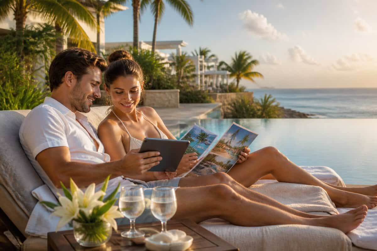 A newlywed couple compares travel options while relaxing beside a tropical resort pool overlooking the ocean.