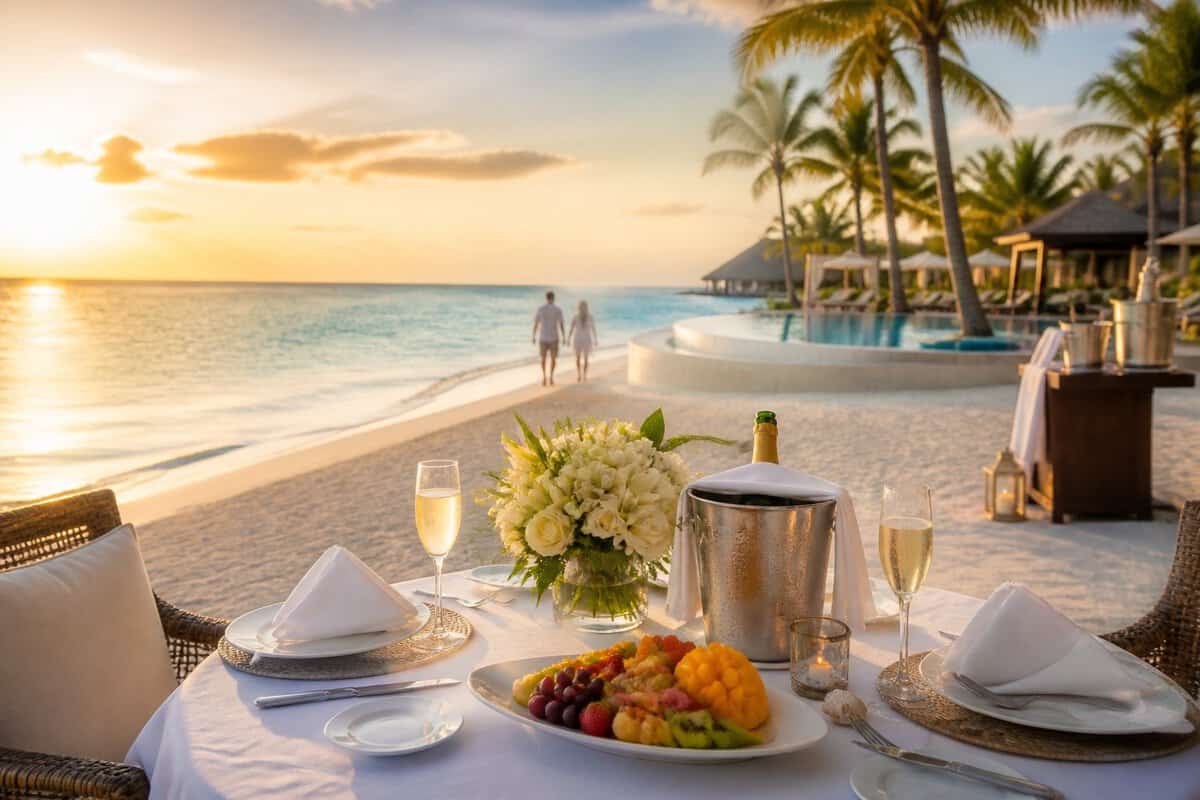 Romantic beachfront table for two at a luxury Cancun resort overlooking turquoise Caribbean water.