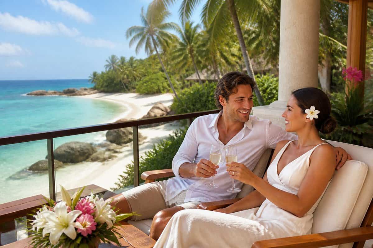 A newlywed couple relaxes together on a tropical resort terrace overlooking a turquoise beach.