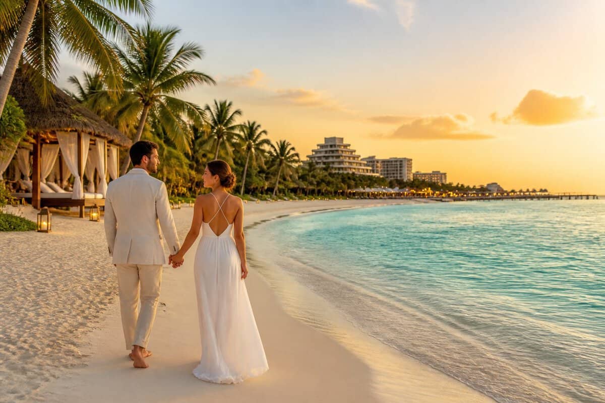 A newlywed couple walks hand in hand along a tropical Cancun beach near upscale resorts.