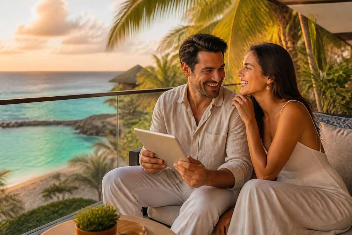 A newlywed couple reviews a blank card together on a tropical resort balcony overlooking the ocean.