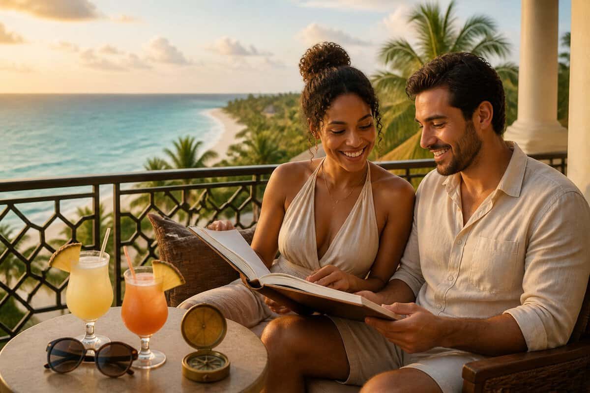 Newlywed couple relaxing on a tropical resort balcony overlooking the ocean.
