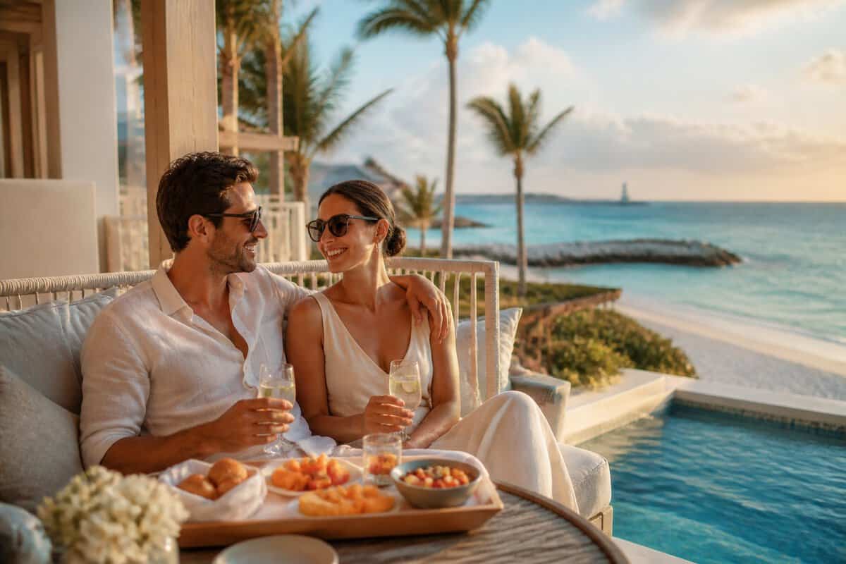 A couple relaxes together at a tropical beachfront resort overlooking turquoise Caribbean water.