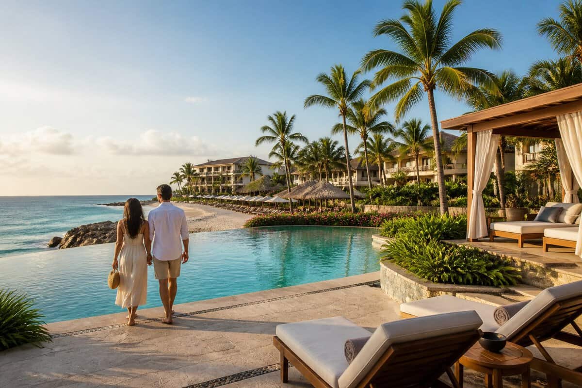 A couple relaxes at a tropical Cancun resort beside an infinity pool overlooking a sandy beach and turquoise sea.