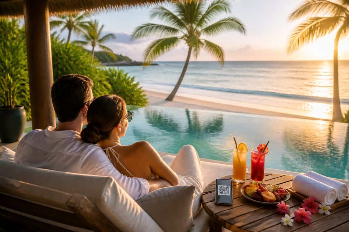 Newlywed couple relaxing beside an infinity pool at a tropical beachfront resort with a smartphone and honeymoon amenities nearby.
