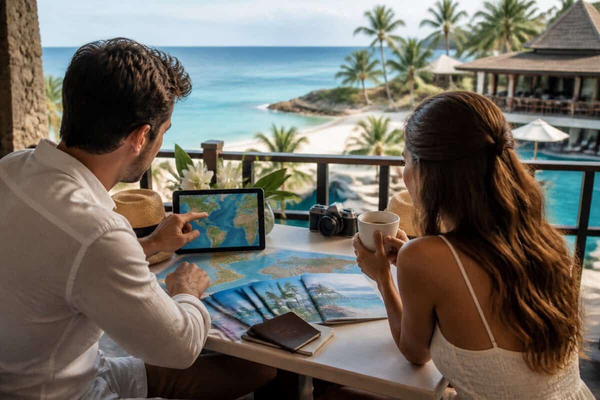 A couple compares travel options while planning a honeymoon at a tropical resort.
