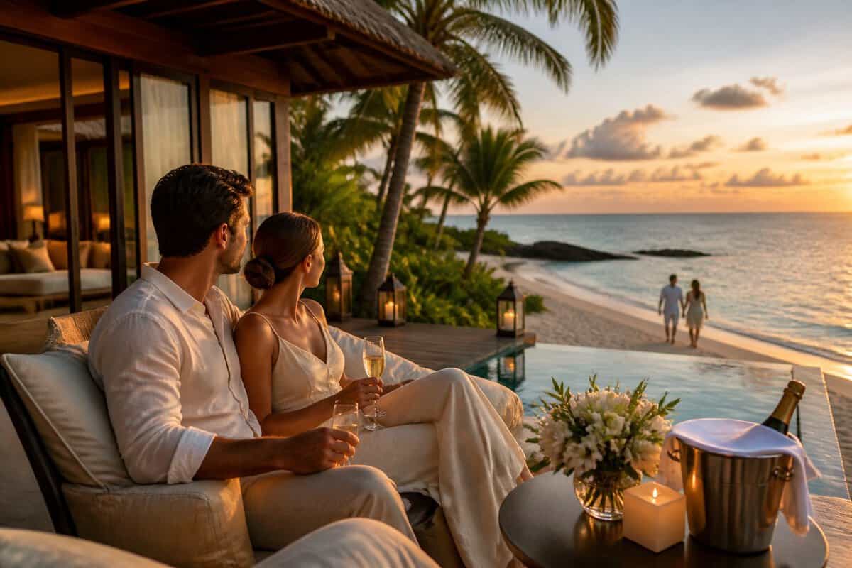 Newlywed couple relaxing at a luxurious tropical beach resort at sunset.