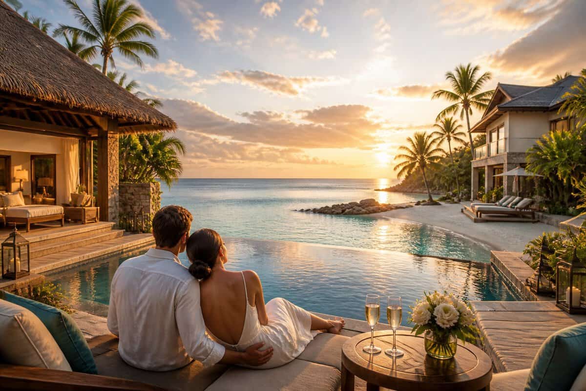 A couple relaxes beside an infinity pool at a luxurious tropical beachfront resort.