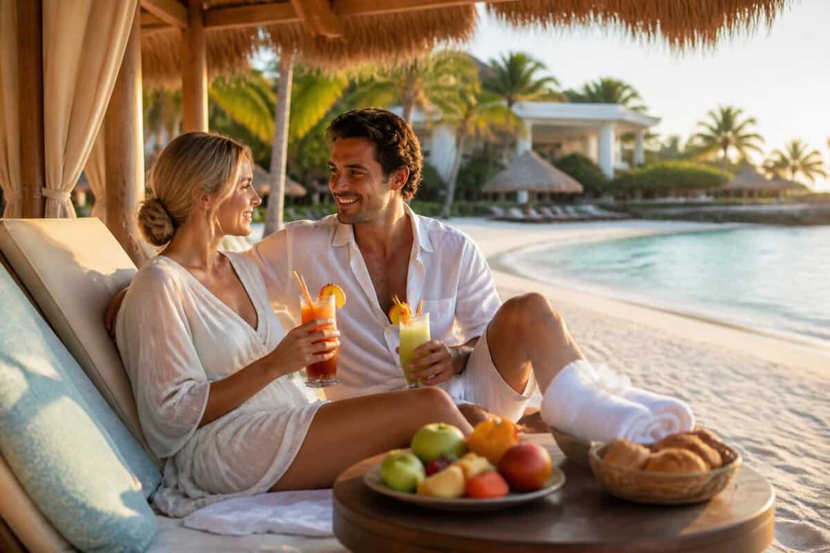 Newlywed couple relaxing at a luxurious tropical beach resort with drinks beside them.
