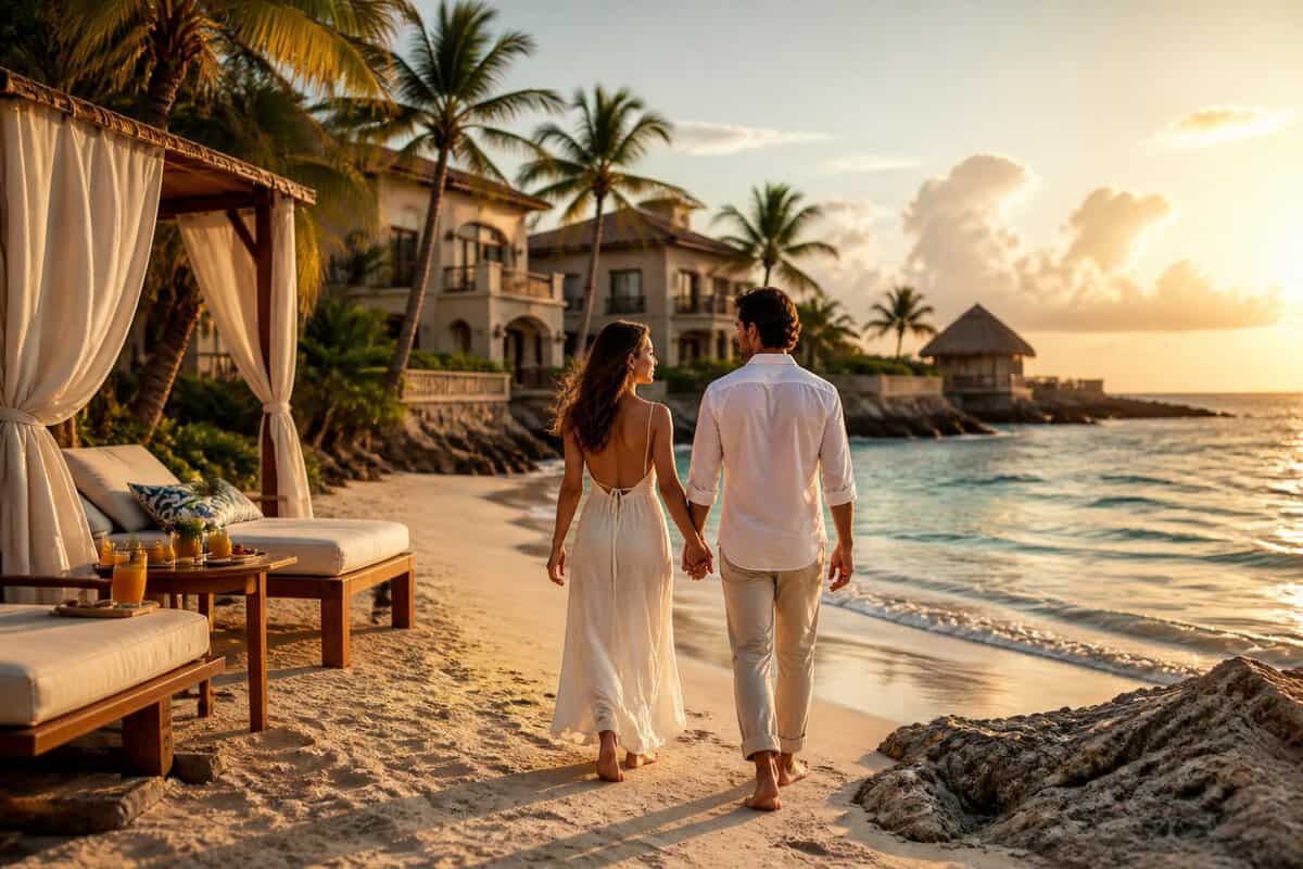 A couple walks hand in hand along a tropical Mexican beach beside a luxurious resort.