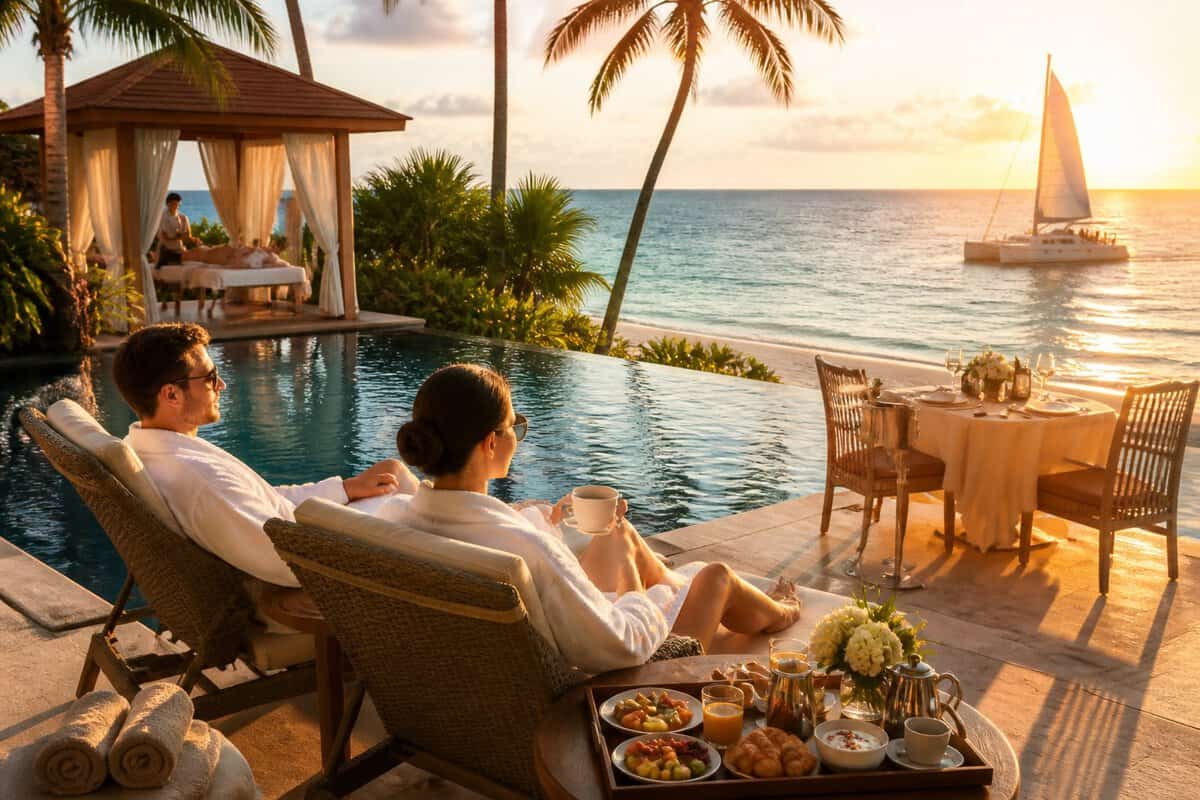 A newlywed couple relaxes at a tropical all-inclusive resort beside an infinity pool, with breakfast, drinks, and optional luxury experiences nearby.