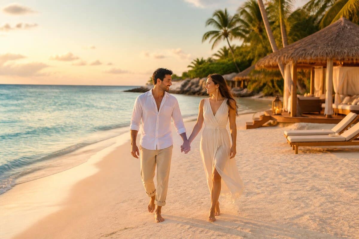 Newlywed couple holding hands on a white-sand beach beside a luxurious Mexican resort.