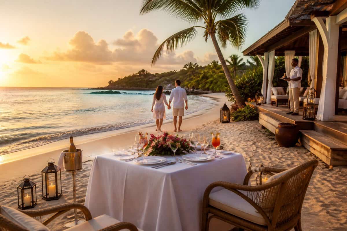 A couple walks hand in hand along a tropical beach beside an elegant resort table set for two.