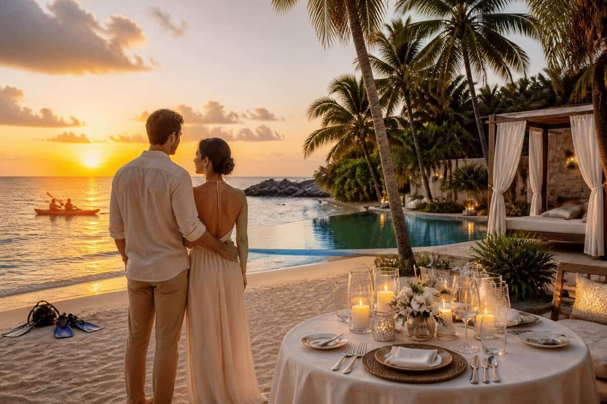 A newlywed couple enjoys a luxurious beachfront resort setting in Mexico at sunset.