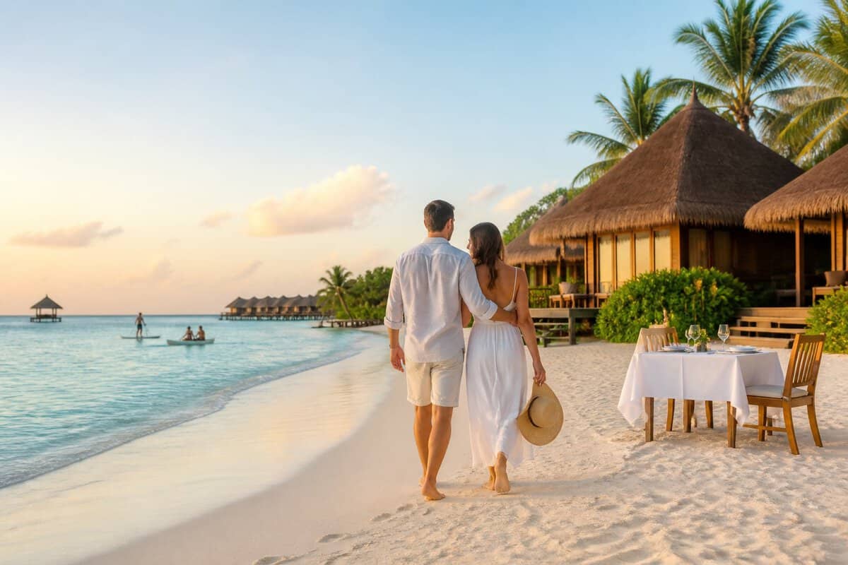 Newlywed couple walking along a tropical beach toward a luxury resort bungalow.