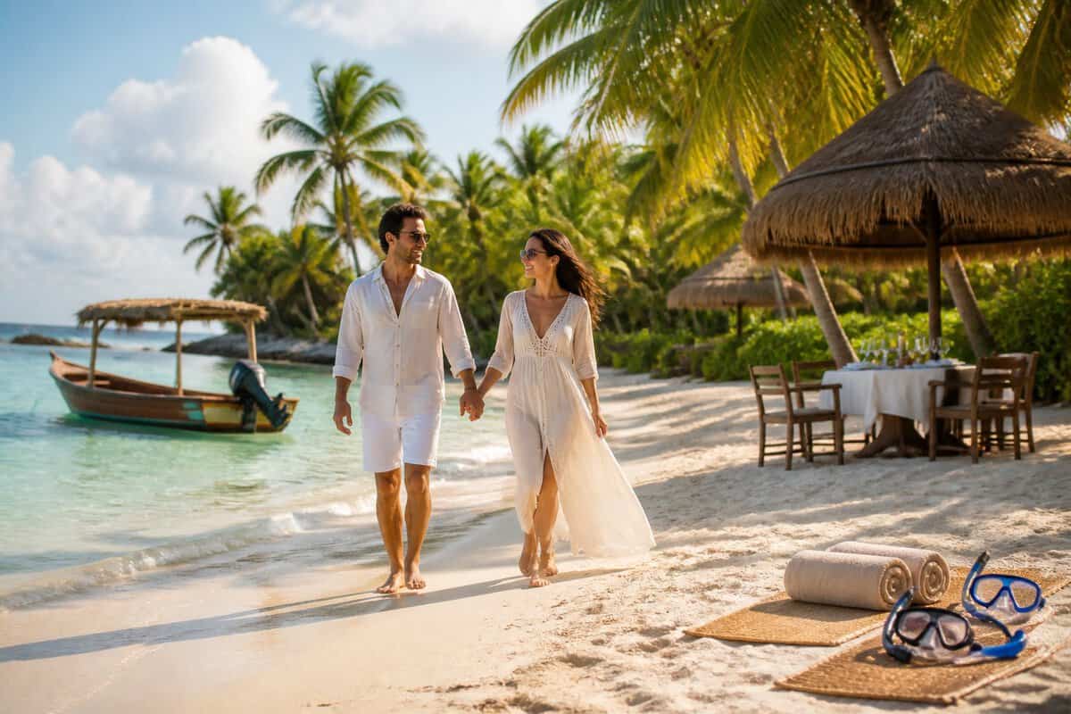 A newlywed couple walks hand in hand along a tropical Mexican beach near a luxury resort.