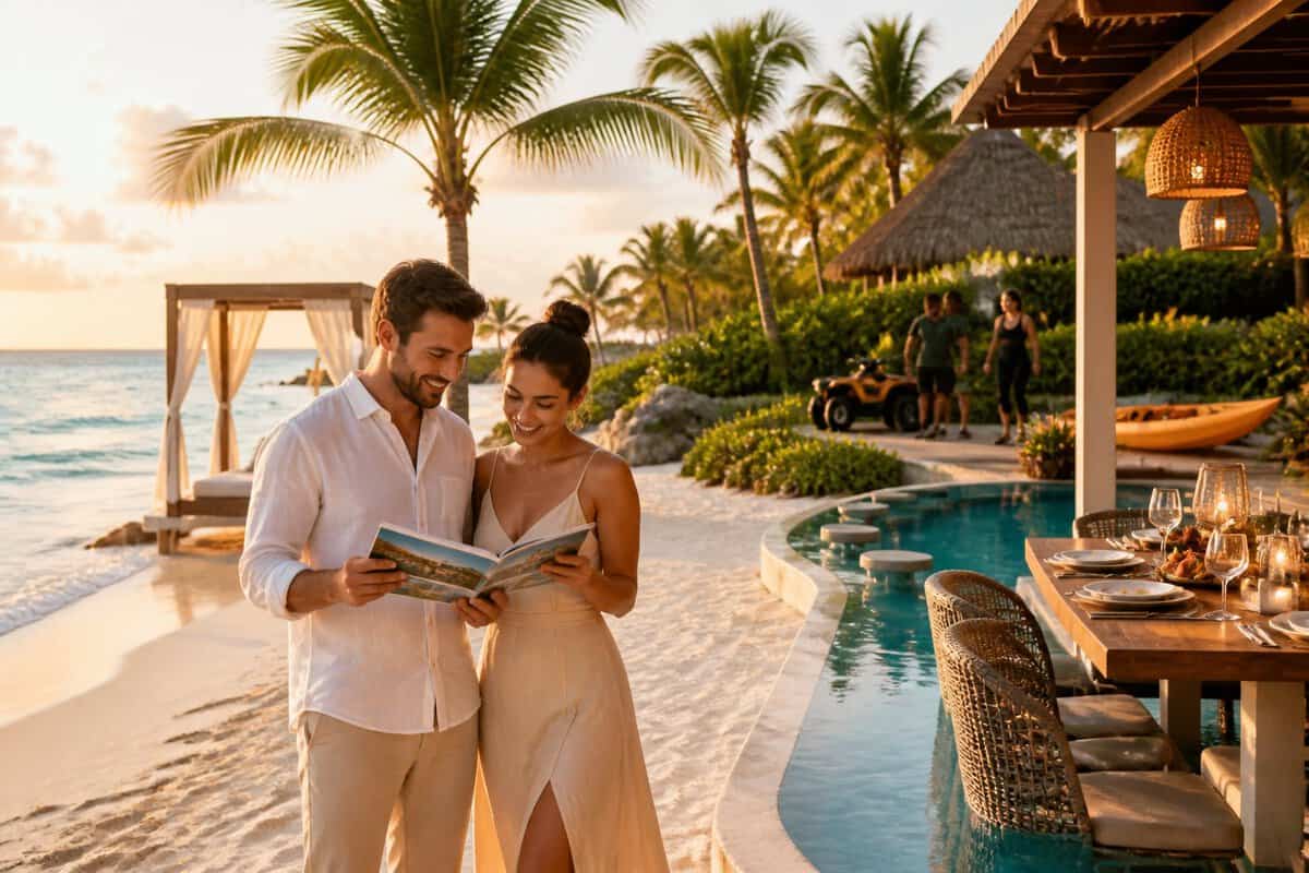 Newlywed couple comparing honeymoon priorities at a luxurious tropical all-inclusive resort.