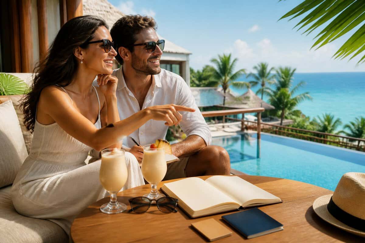 Newlywed couple planning their honeymoon at a luxurious tropical resort overlooking the ocean.