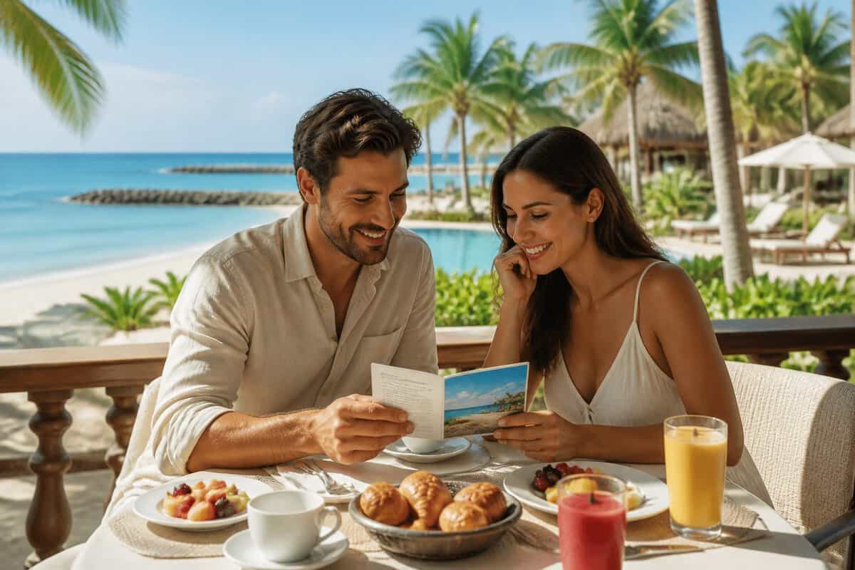 A newlywed couple discusses their honeymoon at a tropical all-inclusive resort overlooking the beach.