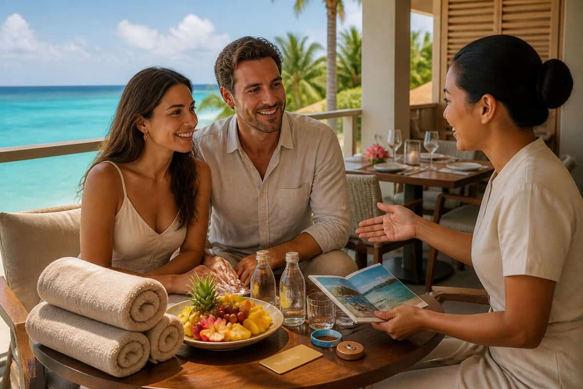 Newlywed couple reviewing honeymoon resort amenities with a concierge on a tropical balcony.