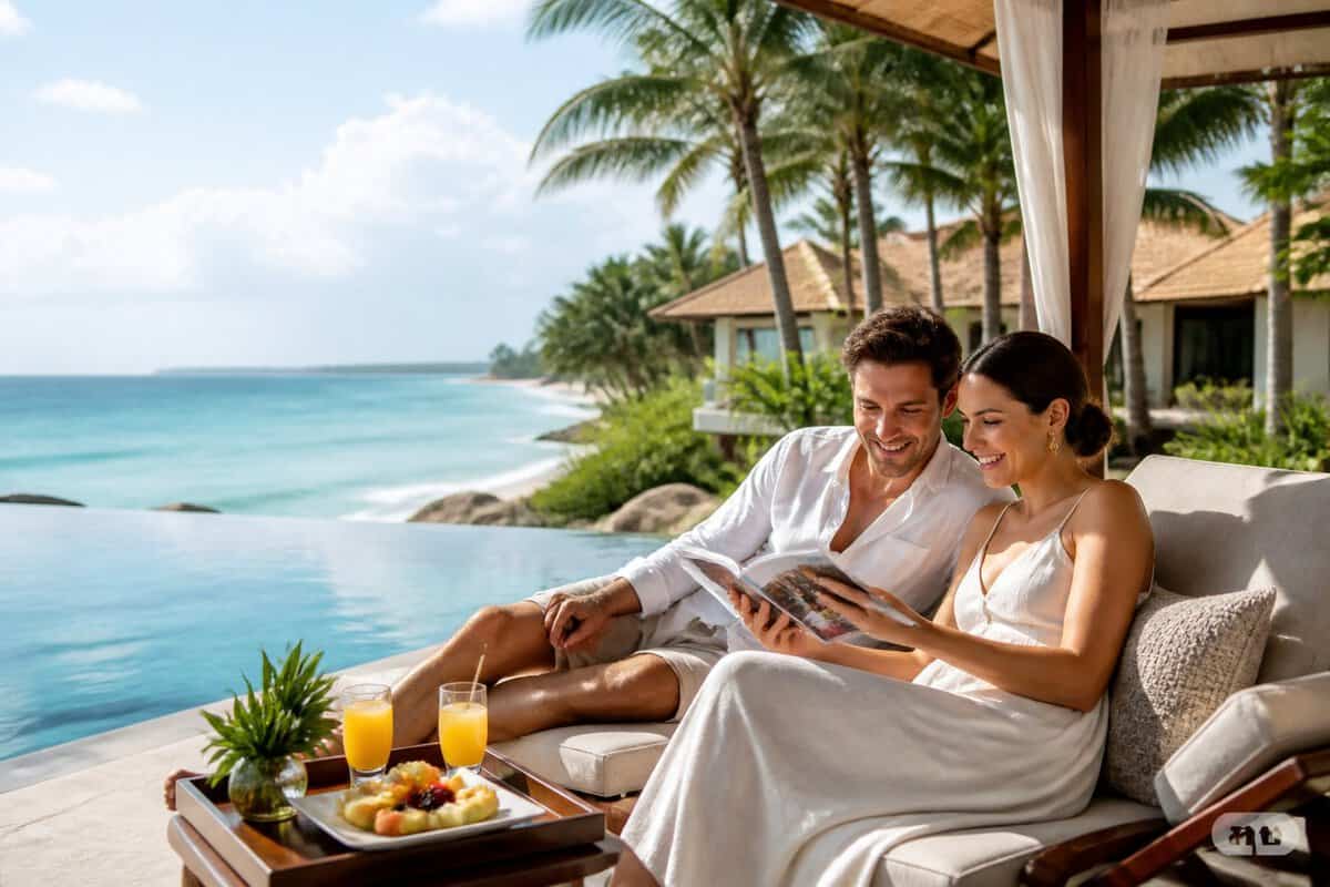 A newlywed couple relaxes beside an infinity pool at a tropical resort overlooking the ocean.
