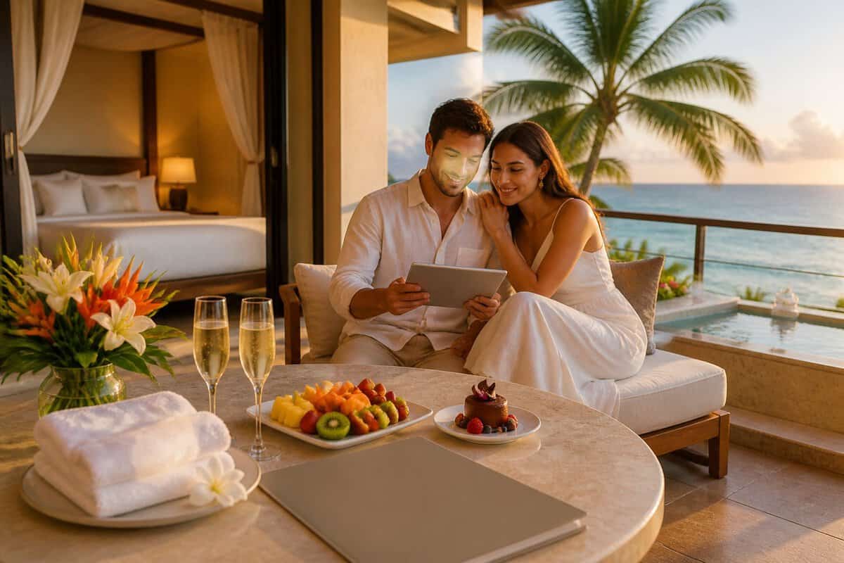 A newlywed couple compares honeymoon upgrade options on a tropical resort terrace overlooking the ocean.