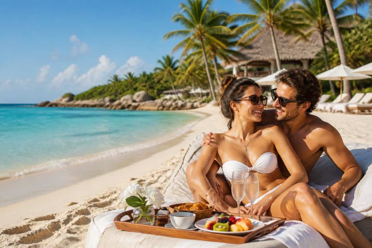 A newlywed couple relaxing on a tropical beach beside a luxury resort with breakfast and drinks nearby.