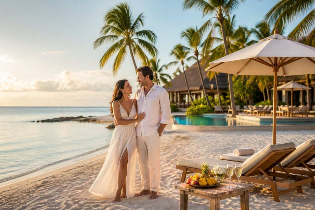 A newlywed couple enjoys a luxurious tropical beach resort with lounge chairs, refreshments, and an infinity pool.