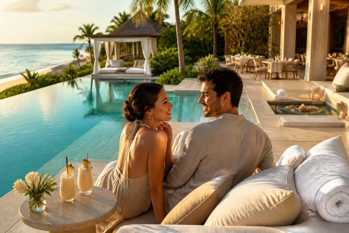 A couple relaxes beside an infinity pool at a tropical resort overlooking the ocean.