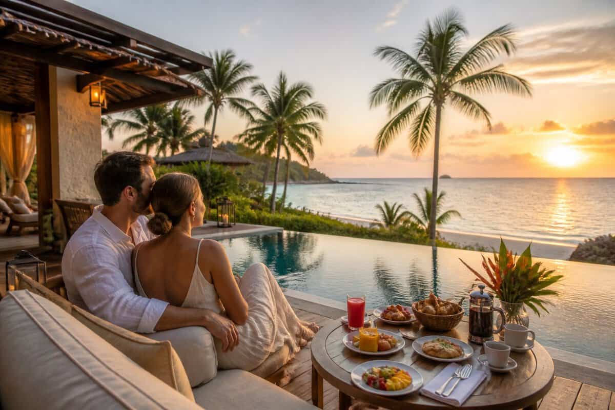 Newlywed couple relaxing at a tropical all-inclusive resort overlooking a turquoise lagoon at sunset.