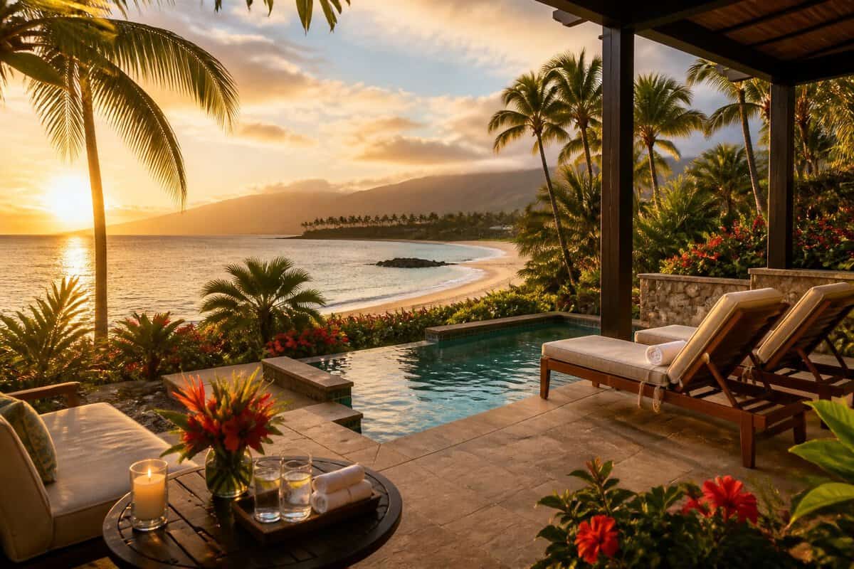 A luxurious honeymoon resort terrace overlooking a tropical Maui beach and turquoise ocean at sunset.