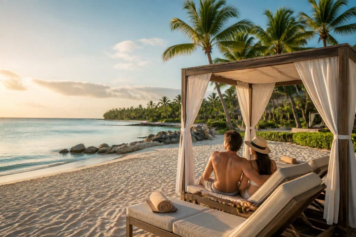 A newlywed couple relaxes beside a private cabana on a quiet tropical beach.