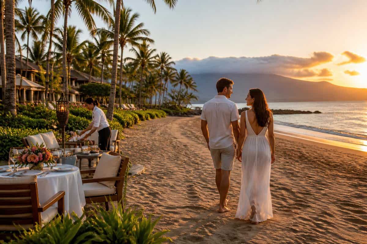 A newlywed couple walks along a Maui beach beside a luxurious resort at sunset.