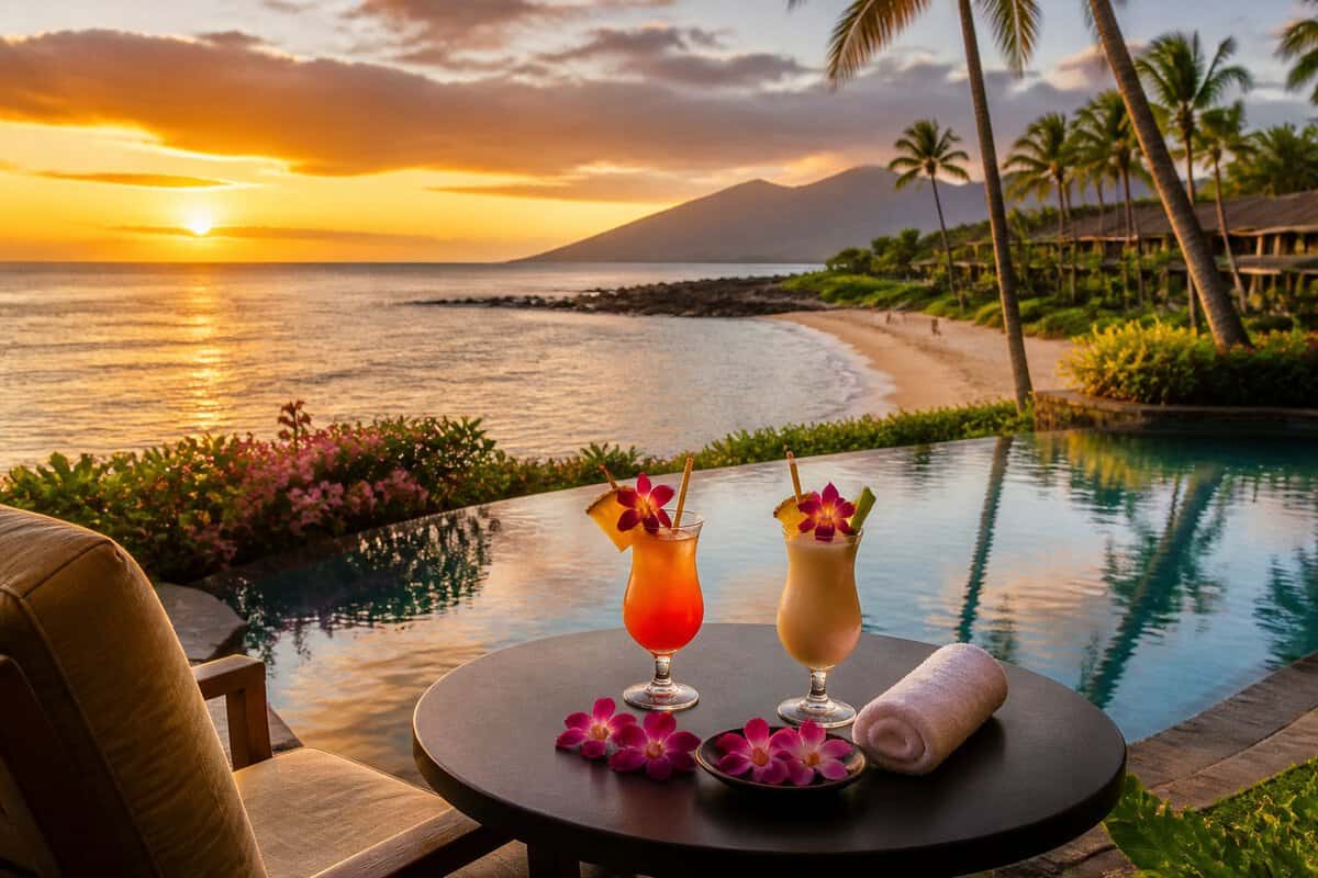 A luxurious Maui resort overlooking a tropical beach and ocean at sunset, with two drinks on a table in the foreground.