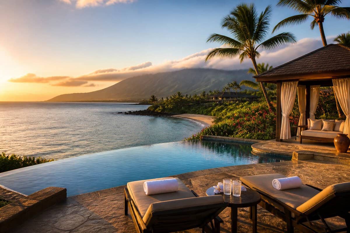 A luxurious beachfront resort in Maui with an infinity pool, tropical landscaping, sandy beach, and mountains at sunset.